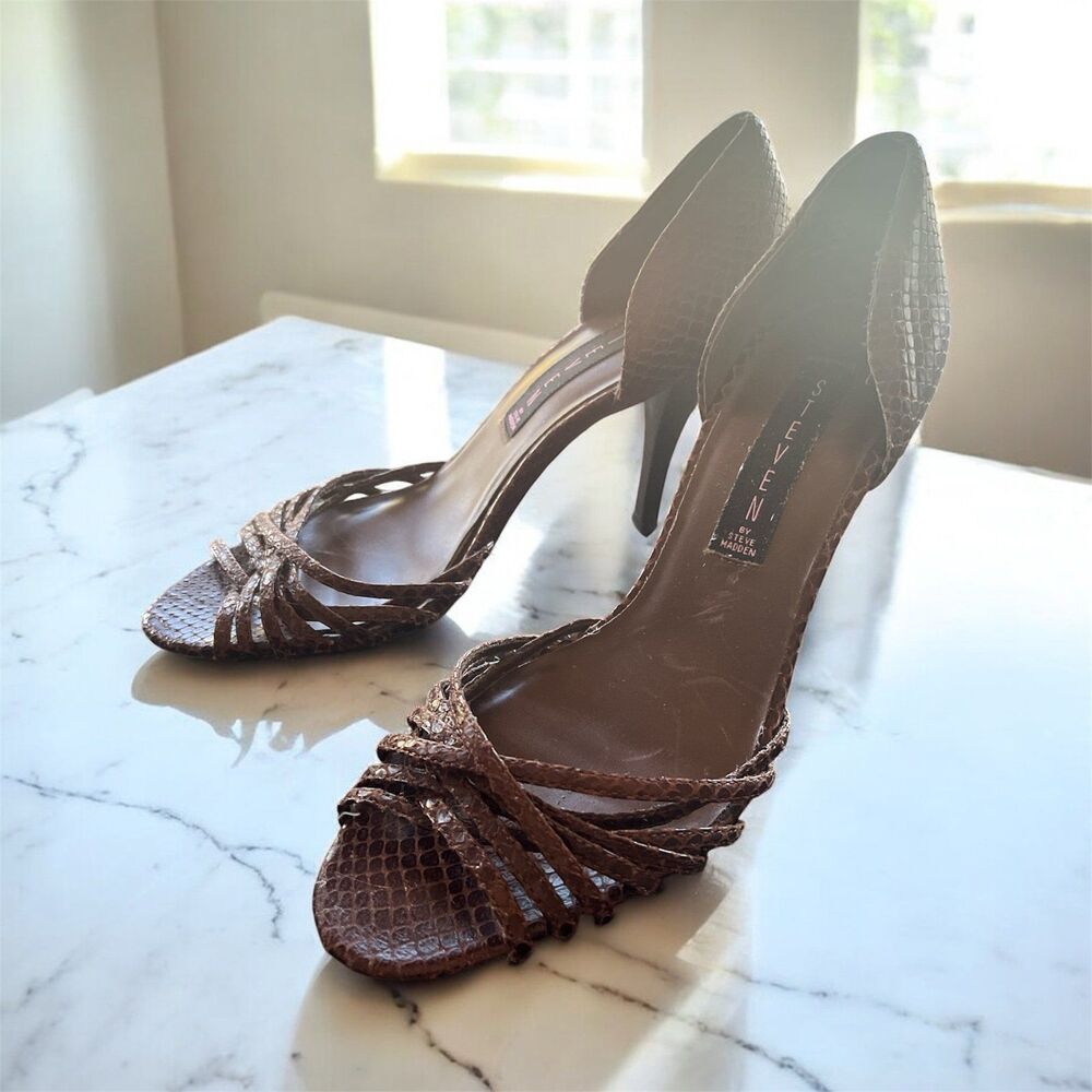 $130 STEVEN by STEVE MADDEN SAHANA Brown Leather Designer Strappy Pumps 7.5 M